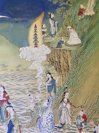 Chinese school, inkt en kleur op doek: 'Bergachtig landschap met godinnen, fabeldieren en jongens', 19/20e eeuw